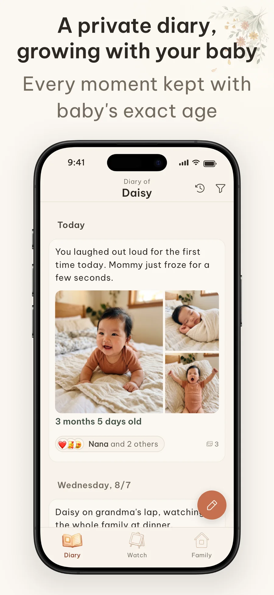A private Cubi baby diary with photos, captions, age and family reactions