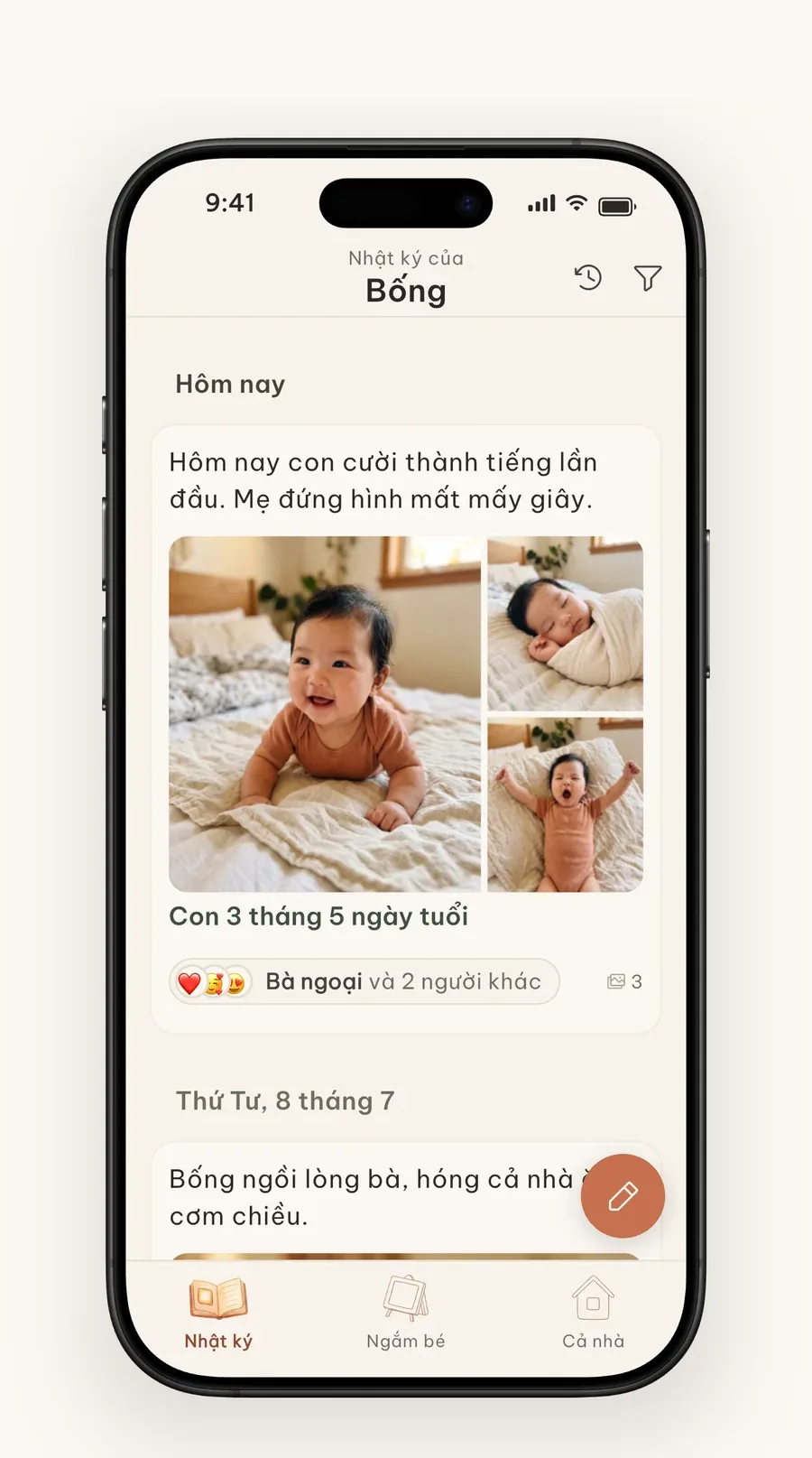 Dòng nhật ký riêng của bé trong Cubi với ảnh, chú thích, tuổi và phản ứng gia đình