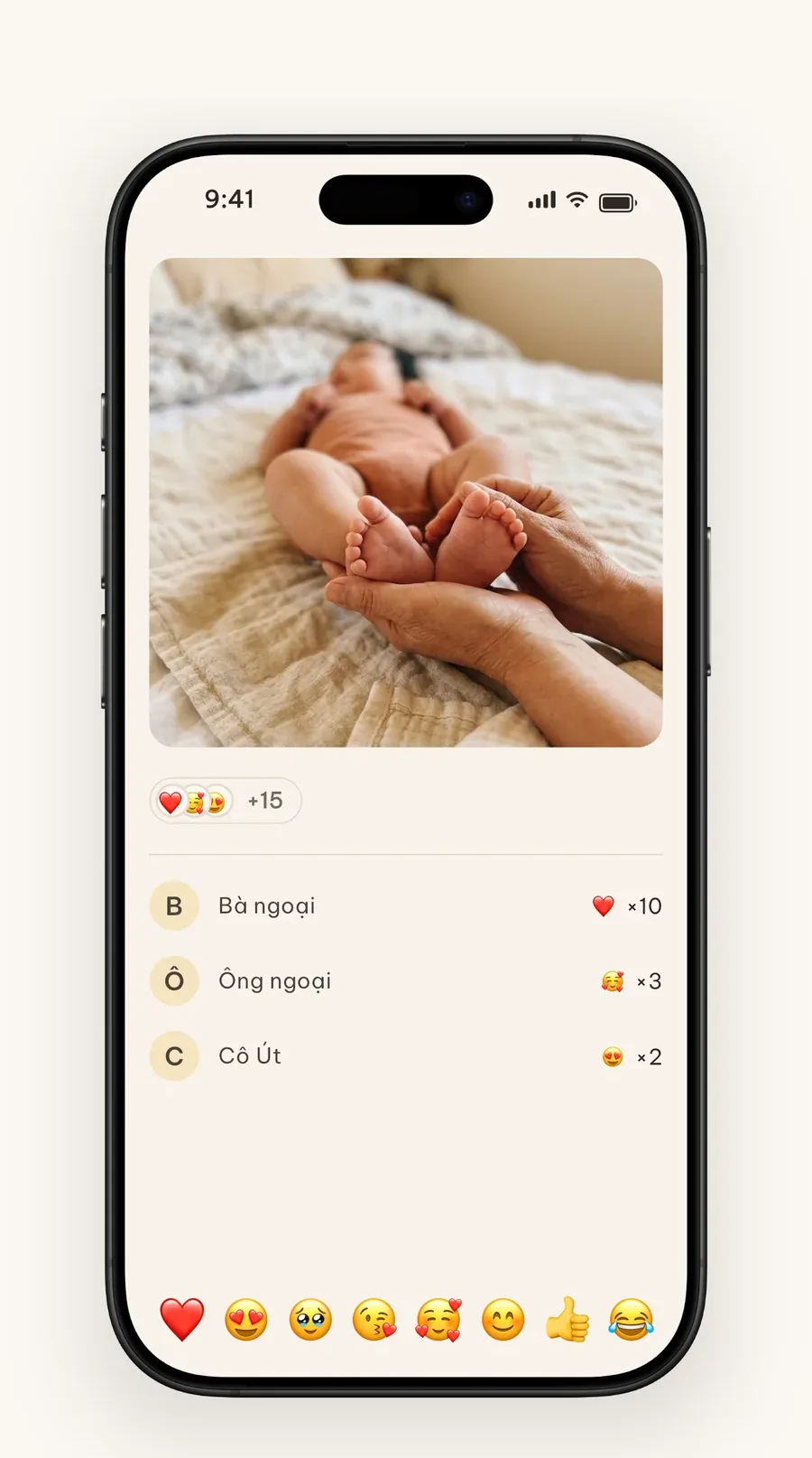 Màn hình phản ứng Cubi chỉ có emoji và trái tim, không có bình luận gây áp lực