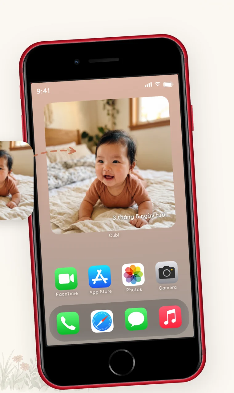 Widget Cubi trên màn hình chính của bà, tự hiện ảnh mới và tuổi của bé