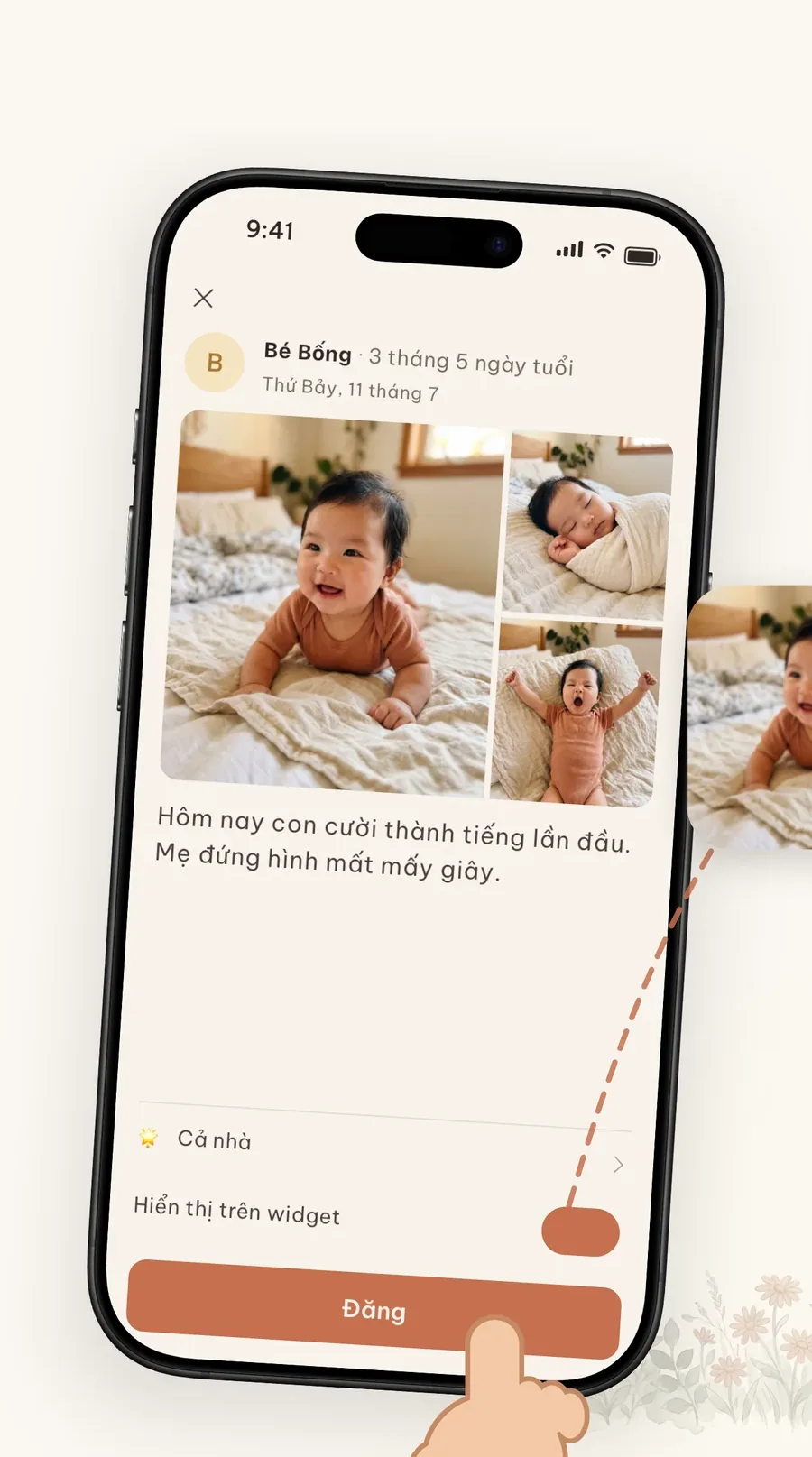 Màn hình Cubi để mẹ chọn ảnh, viết vài dòng và lưu khoảnh khắc của bé