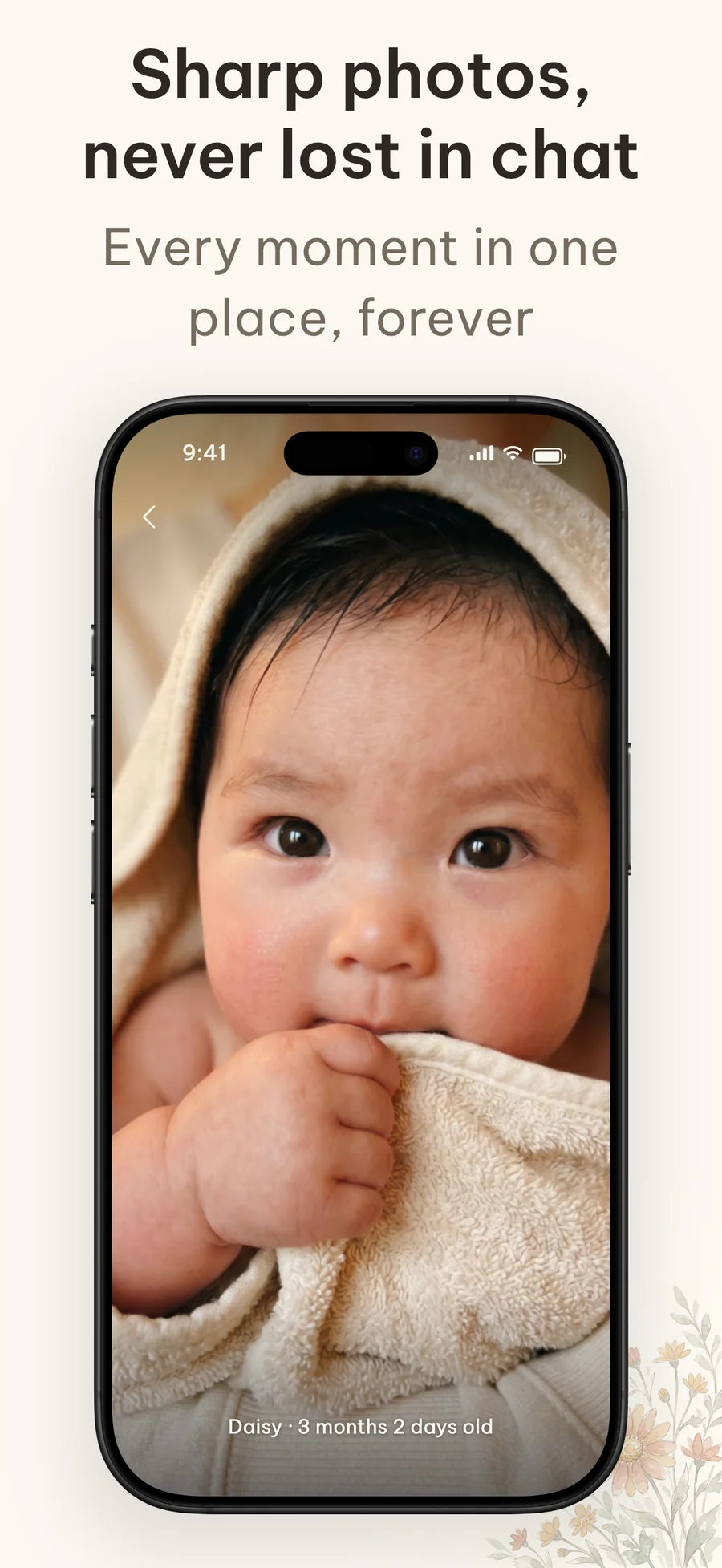 A sharp full-screen baby photo in Cubi with the baby's age