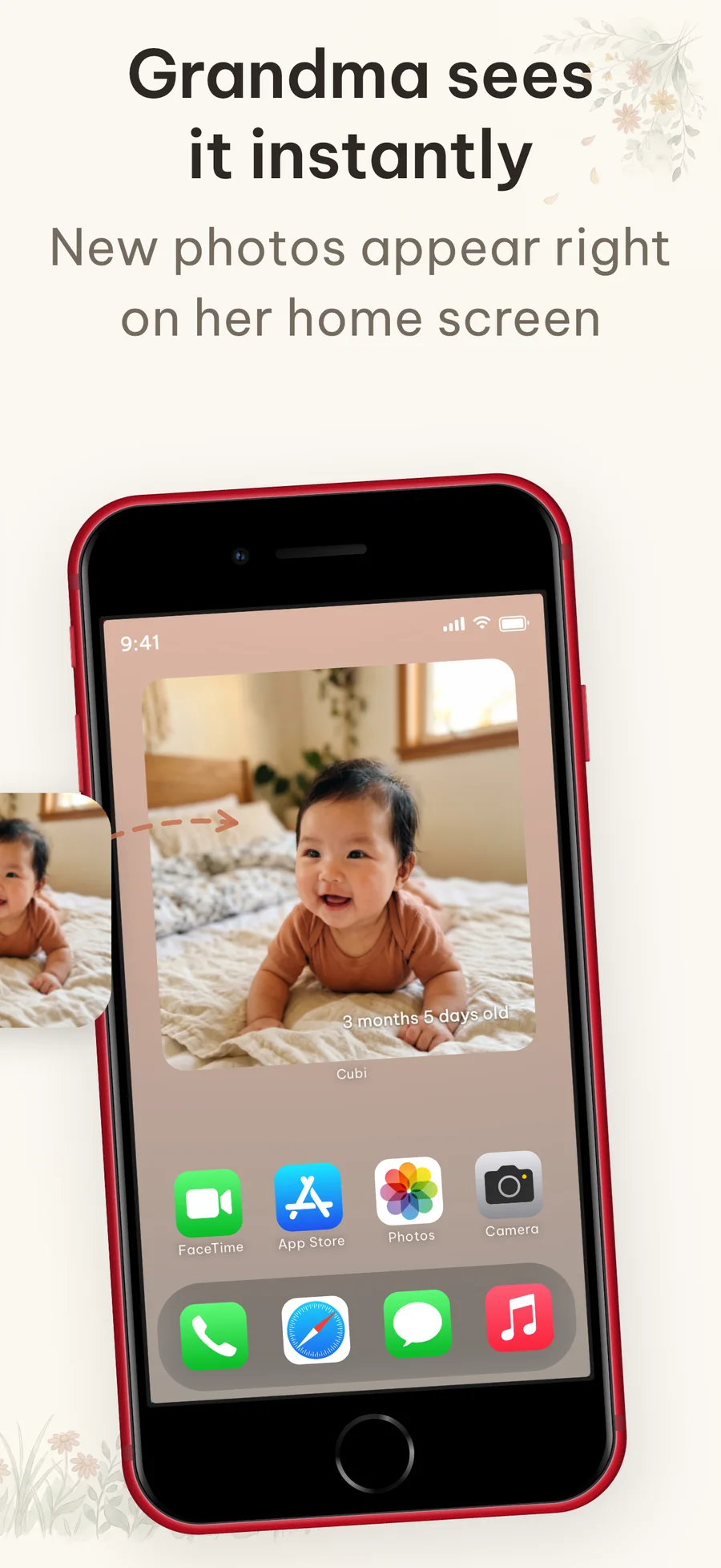 Cubi home-screen widget showing grandma a new baby photo and the baby's age