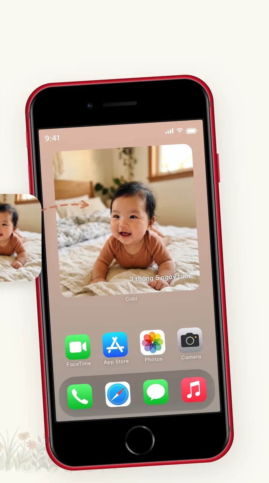 Widget Cubi trên màn hình chính của bà, tự hiện ảnh mới và tuổi của bé